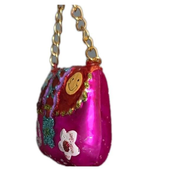 Groovy Handbag Glass Ornament Pink Peace Flower Power Purse 60s Retro Glitter - Picture 5 of 7